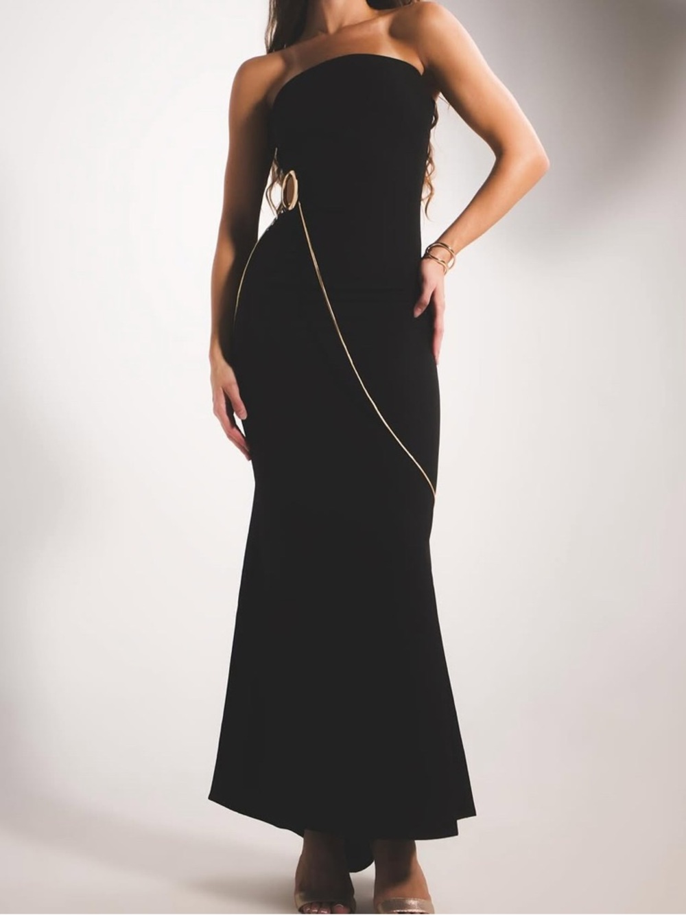 Beautiful Mare Mare Strapless Black Evening Gown with Gold Accent